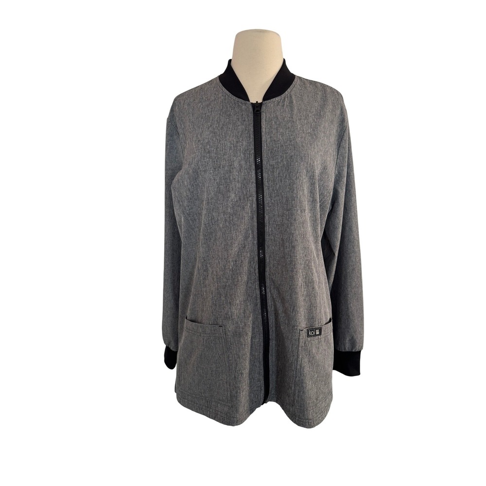 Koi Basics Womens Full Zip Scrub Jacket Heather Grey Black Trim Size L